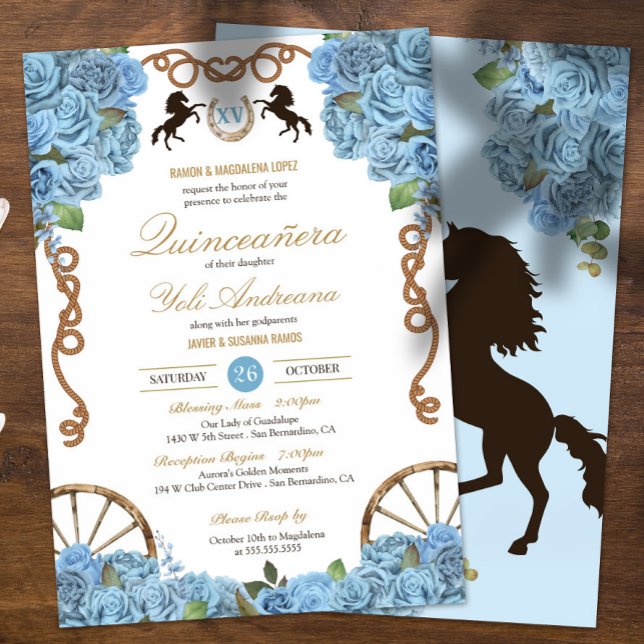 Sky Blue Rose Western Ranch Theme Quinceañera Invitation (Creator Uploaded)