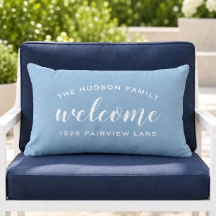 Sky Blue Script Welcome Monogram Porch Lumbar Pillow