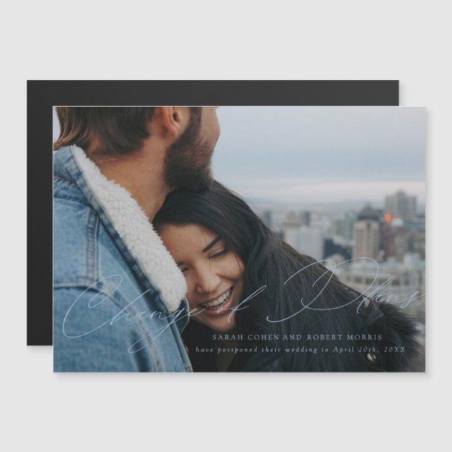 Sky Blue Scripted Wedding Change of Date Magnetic Invitation (Front/Back)
