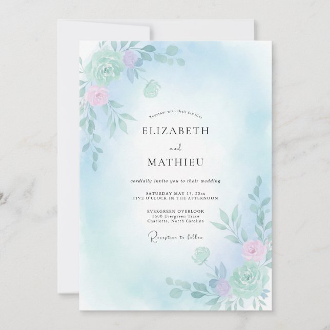 Sky Blue Serene Bloom Wedding Invitation (Front)