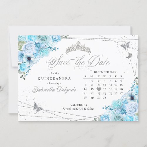 Sky Blue  Silver Quinceaera Save The Date Invitation