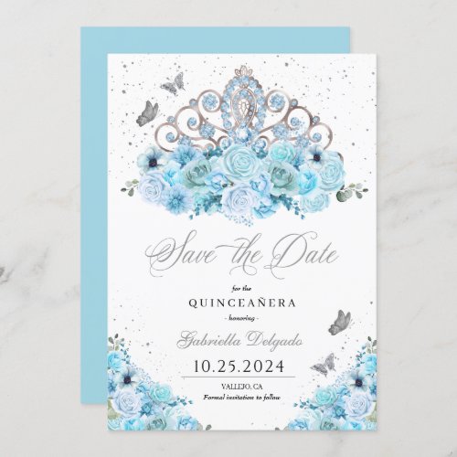Sky Blue  Silver Tiara Save The Date Quinceaera Invitation