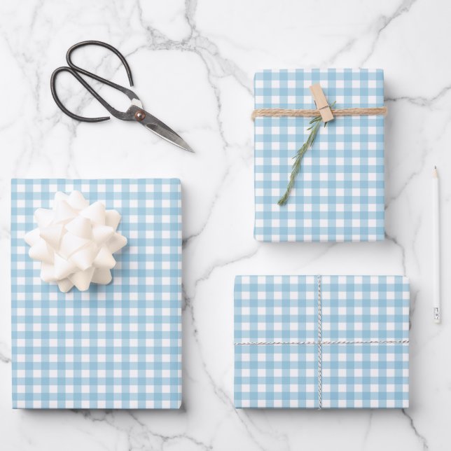 Sky Blue Simple Plaid Wrapping Paper Sheets (Front)