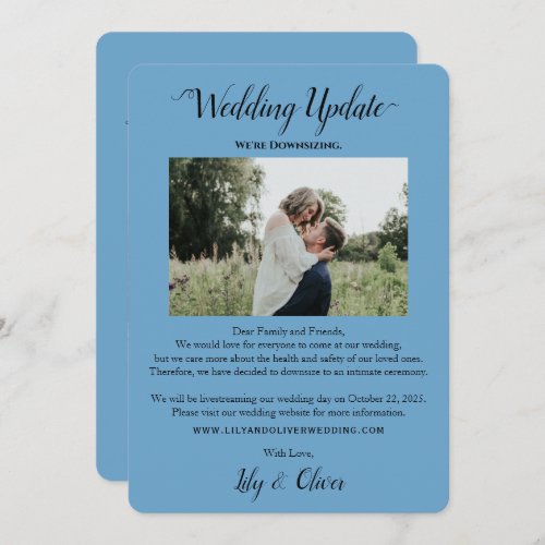 Sky Blue Simple Wedding Update 2 Photo Downsizing Announcement
