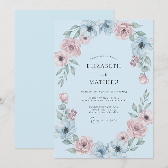 Sky Blue Soft Botanical Wedding Invitation (Front/Back)