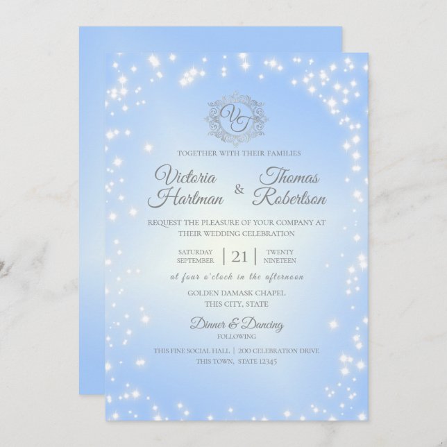 Sky Blue Sparkle Wedding Invitation (Front/Back)
