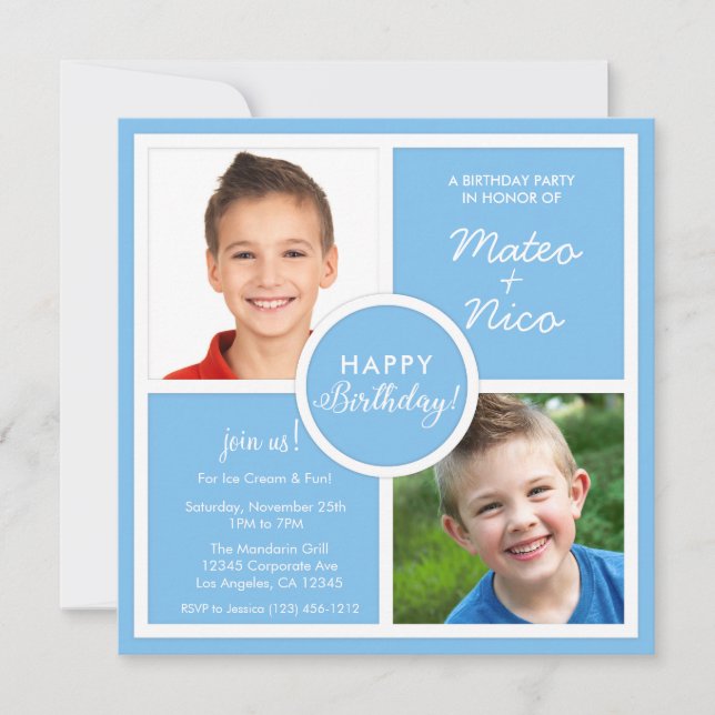 Sky Blue Squares Birthday Party Photo Invitation (Front)