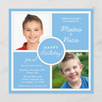 Sky Blue Squares Birthday Party Photo Invitation