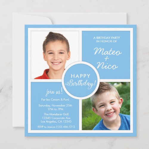 Sky Blue Squares Birthday Party Photo Invitation