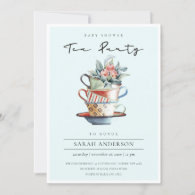 Sky Blue Stacked Cup Baby Shower Tea Party Invite