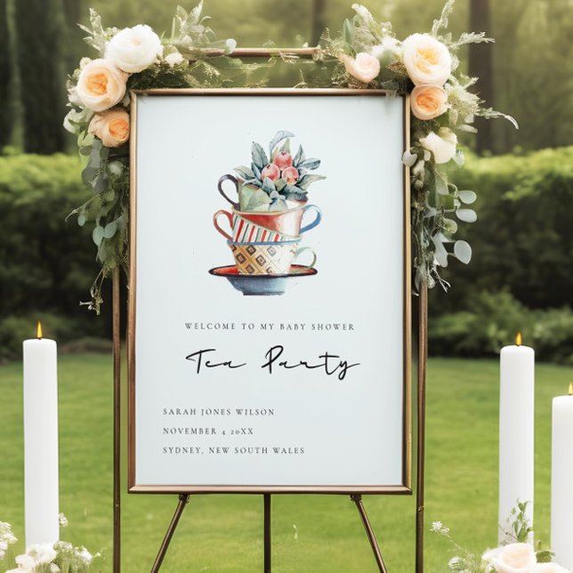 Sky Blue Stacked Cup Baby Shower Tea Party Welcome Foam Board (Creator Uploaded)