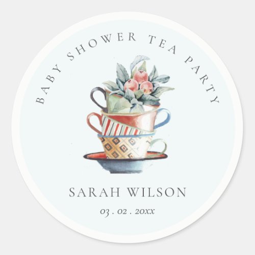 Sky Blue Stacked Cups Floral Baby Shower Tea Party Classic Round Sticker