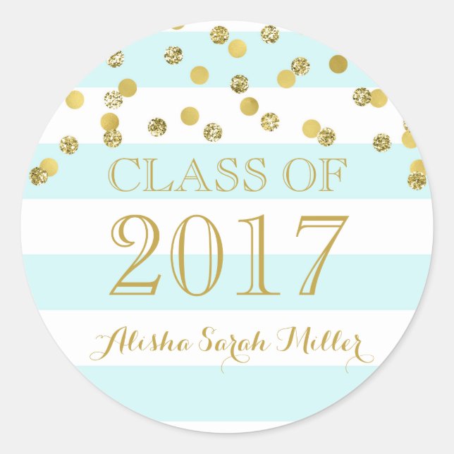 Sky Blue Stripe Gold Confetti Graduation 2017 Classic Round Sticker (Front)