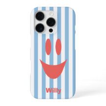 Sky Blue Stripes Cute Coral Smiley
