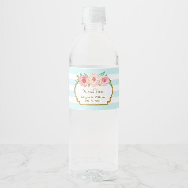 Sky Blue Stripes Floral Gold Water Bottle Label (Front)