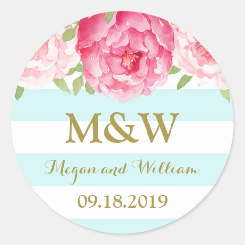 Sky Blue Stripes Floral Monogram Wedding Favor Tag