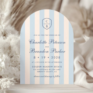 Sky Blue Stripes Monogram Crest Wedding Invitation