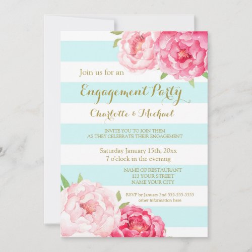 Sky Blue Stripes Pink Engagement Party Invitation