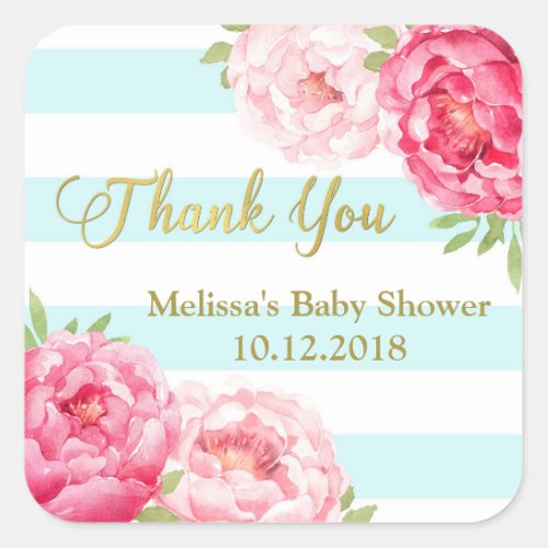 Sky Blue Stripes Pink Floral Baby Shower Thank You Square Sticker