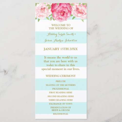 Sky Blue Stripes Pink Watercolor Wedding Program