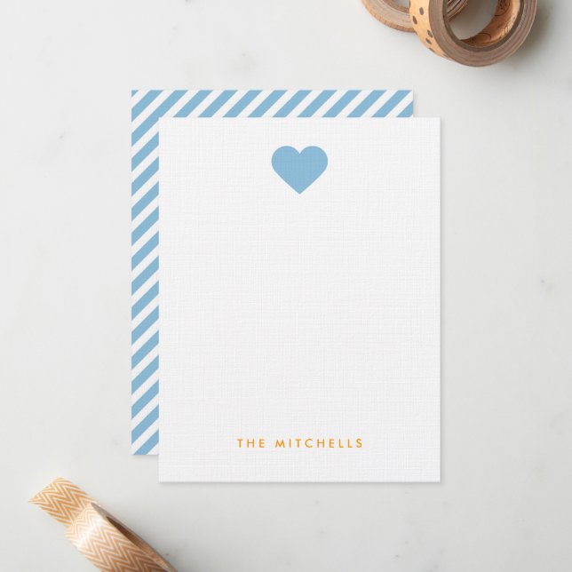 Sky Blue Sweet Heart Monogram Stationery Note Card (Front/Back In Situ)