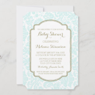 Sky Blue Tan Damask Custom Baby Shower Invitations