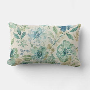 Sky Blue Teal Green Beige Cream Abstract Floral Lumbar Pillow