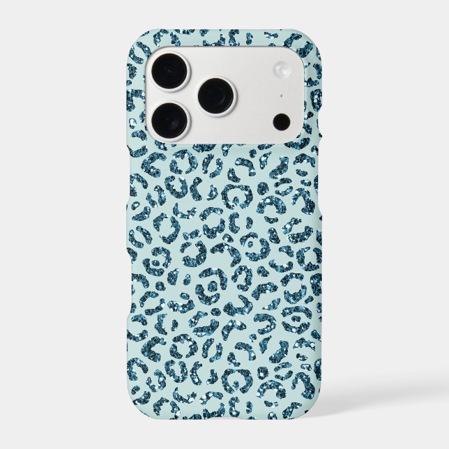 Sky Blue Teal Leopard Print Glitter iPhone Case (Back)