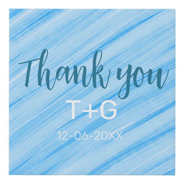 Sky blue thank you add couple name date year text faux canvas print (Front)