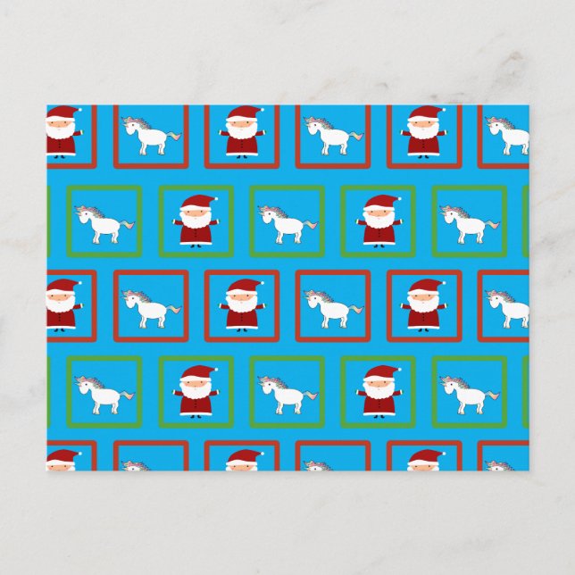 Sky blue unicorns santa claus pattern holiday postcard (Front)
