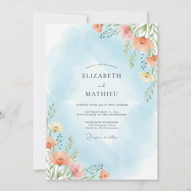 Sky Blue Verdant Bloom Wedding Invitation (Front)