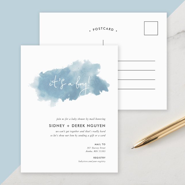 Sky Blue Watercolor Baby Shower by Mail Invitation (Creator Uploaded)
