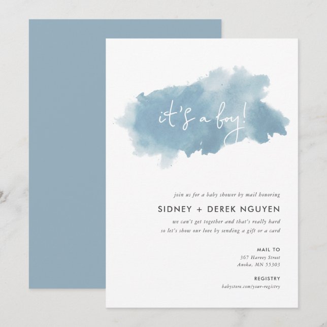 Sky Blue Watercolor Baby Shower by Mail Invitation (Front/Back)