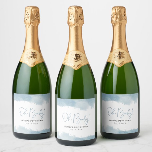 Sky Blue Watercolor Baby Shower Sparkling Wine Label (Bottles)