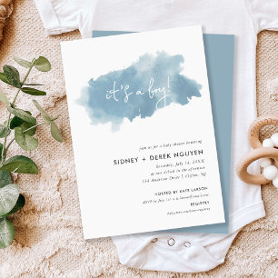 Sky Blue Watercolor Boy Baby Shower Invitation