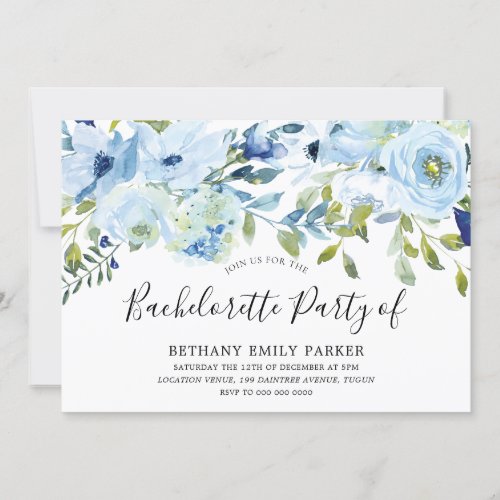 Sky Blue Watercolor Floral Bachelorette Party Invitation