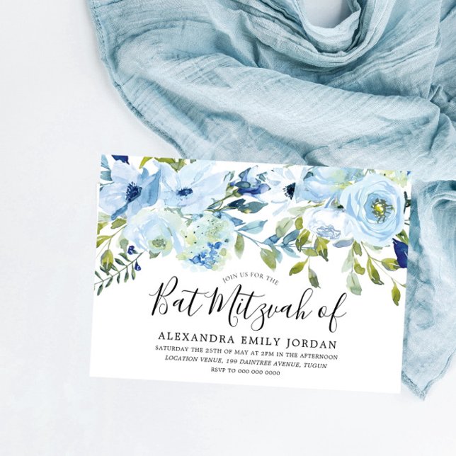 Sky Blue Watercolor Floral Bar Mitzvah Bat Mitzvah Invitation (Creator Uploaded)