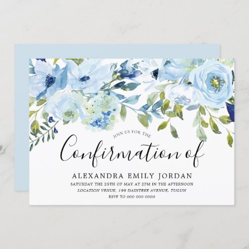 Sky Blue Watercolor Floral Confirmation Invitation