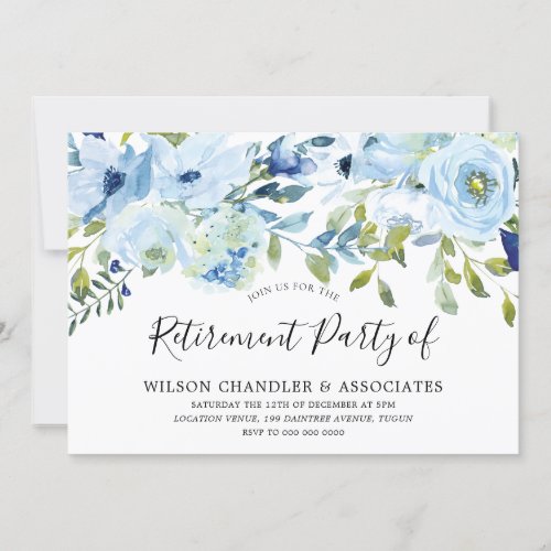 Sky Blue Watercolor Floral Office Retirement Party Invitation