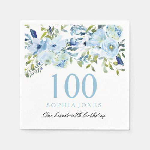 Sky Blue Watercolor Flowers 100th Birthday Party Napkins