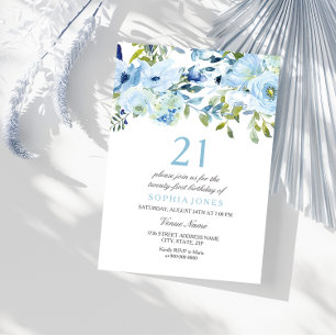 Sky Blue Watercolor Flowers 21st Birthday Party Invitation