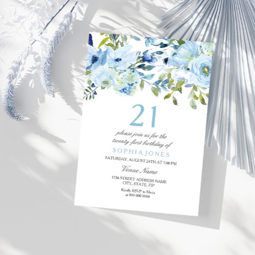 Sky Blue Watercolor Flowers 21st Birthday Party Invitation