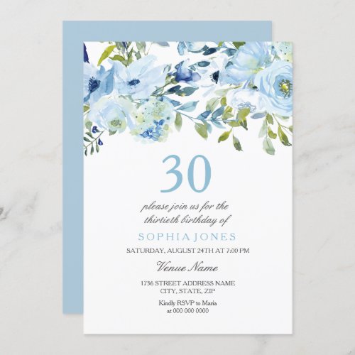 Sky Blue Watercolor Flowers 30th Birthday Party Invitation