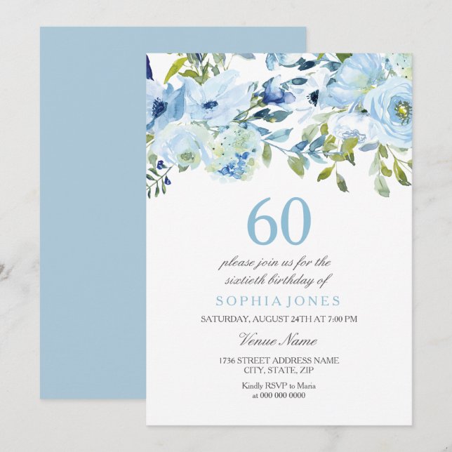 Sky Blue Watercolor Flowers 60th Birthday Party Invitation (Front/Back)