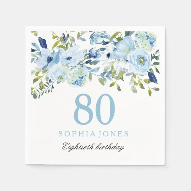 Sky Blue Watercolor Flowers 80th Birthday Party Napkins (Front)