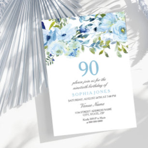 Sky Blue Watercolor Flowers 90th Birthday Party Invitation