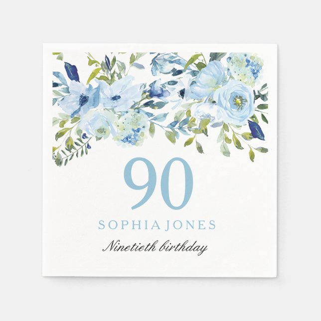 Sky Blue Watercolor Flowers 90th Birthday Party Napkins (Front)