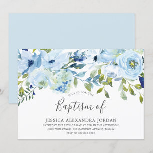 Sky Blue Watercolor Flowers Baptism Christening Invitation