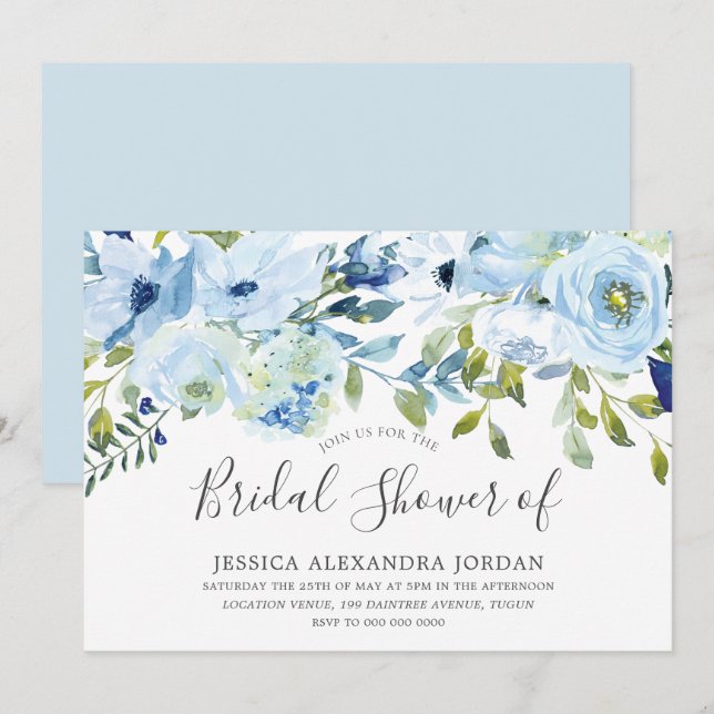 Sky Blue Watercolor Flowers Bridal Shower Invitation (Front/Back)