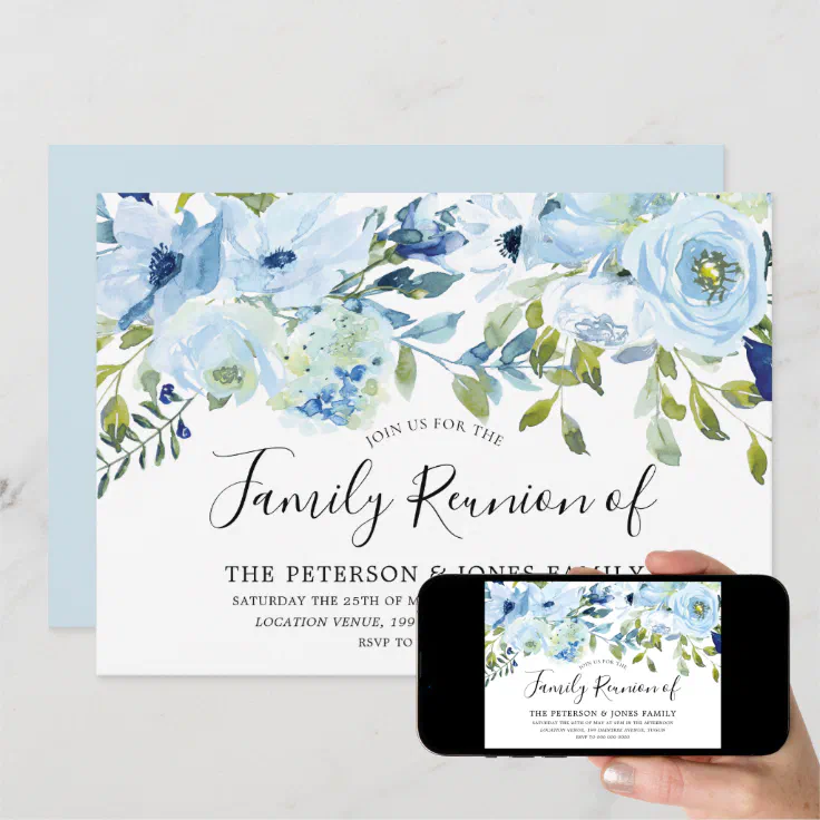 Sky Blue Watercolor Flowers Family Reunion Invitation Zazzle
